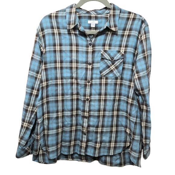 J Jill Blue Gray Plaid Button Down Classic Cozy Flannel Blouse Size Small Petite - Picture 1 of 11